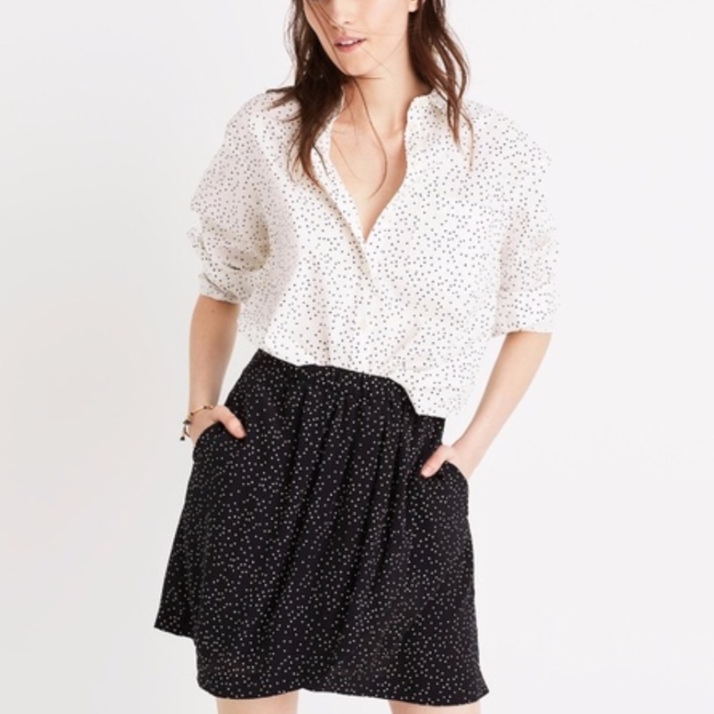 Madewell black faux wrap silk polka dot skirt